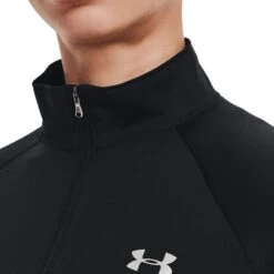 Under Armour Women's UA Tech™ Half Zip Top Black / Black / Metallic Silver -Araeom Shop s7.v5 1320126 001 collar 1