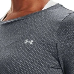 Under Armour Women's HeatGear® Armour Long Sleeve Top Pitch Grey Light Heather / Metallic Silver -Araeom Shop s7.v5 1328966 012 collar