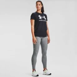 Under Armour Women's UA Favourite Wordmark Leggings Carbon Heather / Black -Araeom Shop s7.v5 1356403 090 fsf