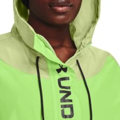 Under Armour Women's UA Rush Woven Full Zip Jacket Pale Olive / Quirky Lime / Jet Grey -Araeom Shop s7.v5 1369845 383 hood