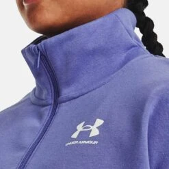 Under Armour Women's UA Rival Fleece Half Zip Baja Blue / White -Araeom Shop v5 1373030 495 collar