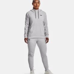 Under Armour Women's Armour Fleece® Left Chest Hoodie Halo Gray Light Heather / Black -Araeom Shop v5 1373055 014 fsf